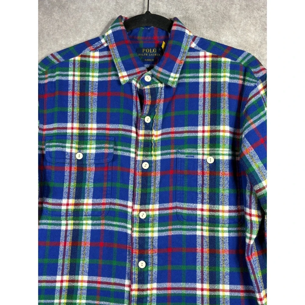 Polo Ralph Lauren Shirt Mens Large Blue Plaid Flannel Classic Fit Button Up -